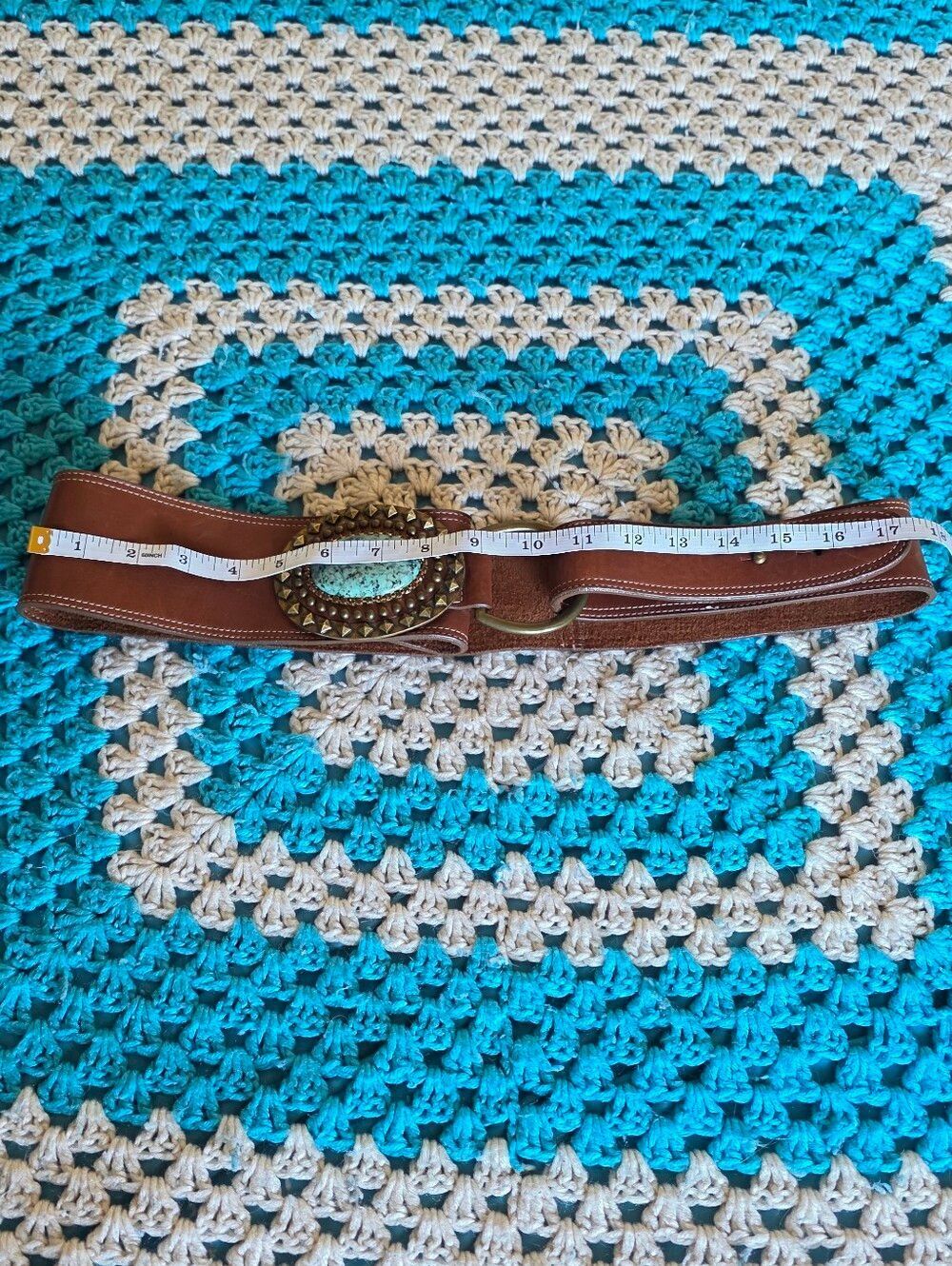 Leather Rock Leather Belt With Turquoise Buckle With Gild Studs - Picture 6 of 7